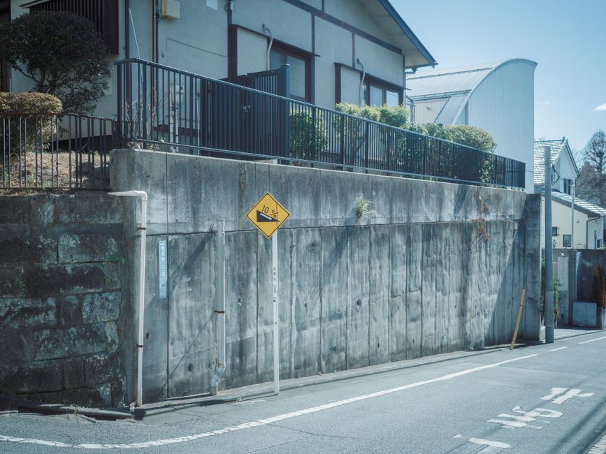 A residential garden with a raised terrace featuring a black metal railing, situated above a concrete retaining wall that supports a steep slope. The slope is planted with small shrubs and ground cove